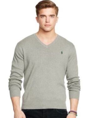 Ralph Lauren Polo Classic Sage Green Pima Cotton V-Neck Long Sleeve Sweater